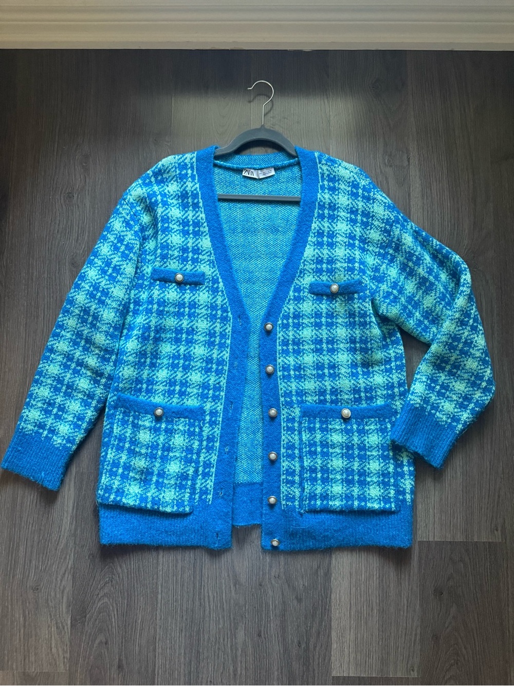 Zara Blue & Aqua Plaid Knit Cardigan